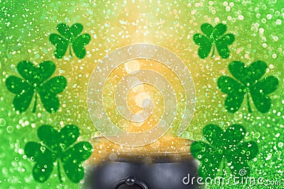 St Patrickâ€™s Day leprechaun pot of gold shamrock Patty background Stock Photo